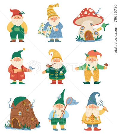 Garden gnomes. Fairytale dwarf elves characters and their houses. Cute mushroom elf house. Flat cartoon happy fairy tale gnomes vector set Garden gnomes. Fairytale dwarf elves characters and their houses. Cute mushroom elf house. Flat cartoon happy fairy tale gnomes vector set 79656756