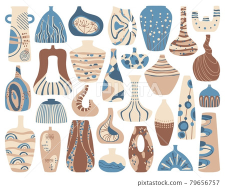 Ceramic vases. Handmade porcelain vase, clay pots with abstract decor. Contemporary ceramics, modern minimalist scandinavian pottery vector set 79656757