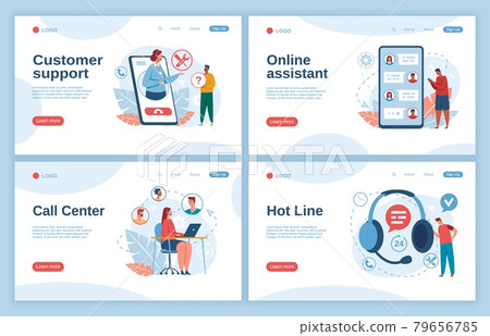 Customer support. Call center operators consulting clients. Online technical support, hotline, virtual personal consultant vector landing page 79656785
