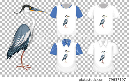 Set of different shirts with great blue heron cartoon character isolated on transparent background Set of different shirts with great blue heron cartoon character isolated on transparent background 79657197