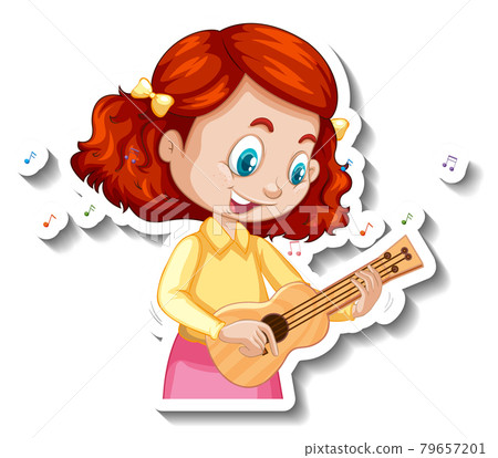 Cartoon character sticker with a girl playing ukulele Cartoon character sticker with a girl playing ukulele 79657201