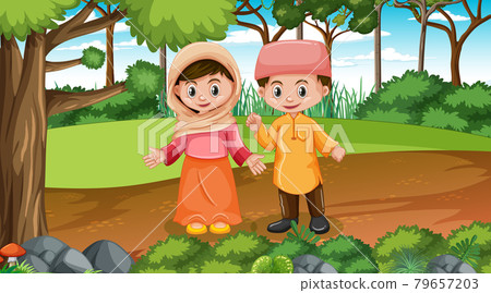 Muslim kids wears traditional clothes in the forest scene 79657203
