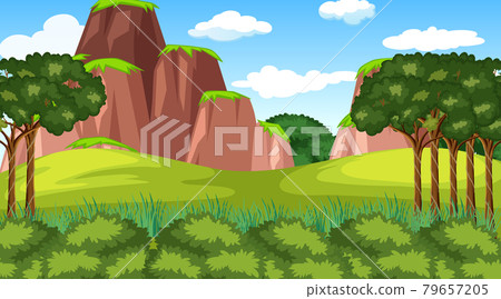 Forest scene with various forest trees and cliff Forest scene with various forest trees and cliff 79657205