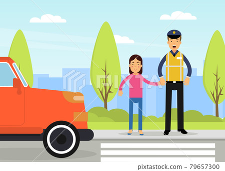 Man Road Policeman as Highway Patrol Engaged in Overseeing and Enforcing Traffic Safety on Roads Vector Illustration 79657300
