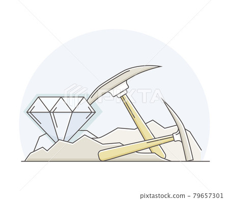 Precious Metal and Natural Resources Extraction and Mining with Pickaxe Line Vector Illustration 79657301