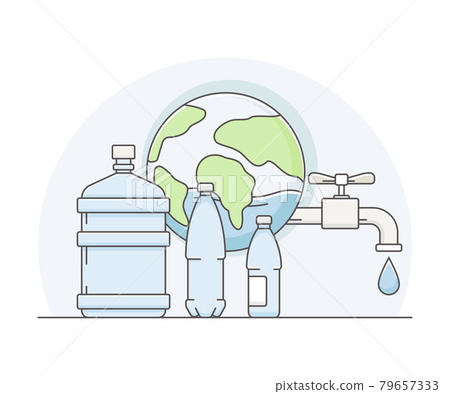 World Resource with Water in Plastic Bottle Line Vector Illustration 79657333