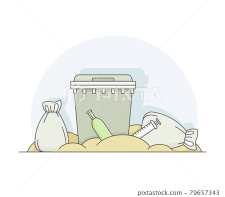 Dump with Unsorted Trash and Garbage Bags Piled Together Line Vector Illustration 79657343