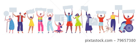 Protesting people. Diverse group of men and women participating in protest or demonstration. Protesters holding signs and placards vector set 79657380
