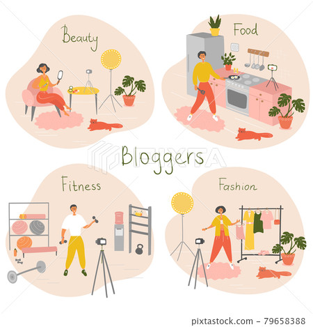 Set of different people on internet videos. Beauty, food, fitness, fashion blogger. Cosmetics Reviews. Cooking Blog. Sport video. Artist Tutorials Vlog. Stylist advice. Vector illustration Set of different people on internet videos. Beauty, food, fitness, fashion blogger. Cosmetics Reviews. Cooking Blog. Sport video. Artist Tutorials Vlog. Stylist advice. Vector illustration 79658388