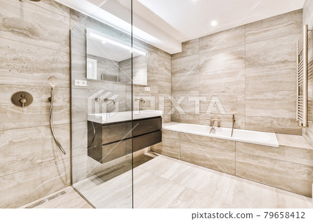 Luxury interior design of a bathroom with marble walls Luxury interior design of a bathroom with marble walls 79658412