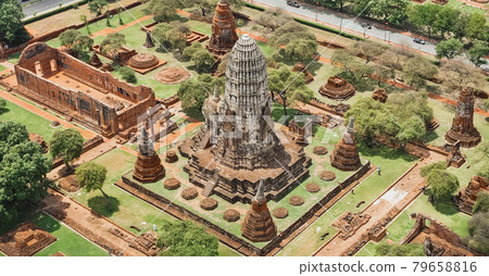 Aerial view of Ayutthaya temple, Wat Ratchaburana, empty during covid, in Phra Nakhon Si Ayutthaya Aerial view of Ayutthaya temple, Wat Ratchaburana, empty during covid, in Phra Nakhon Si Ayutthaya 79658816