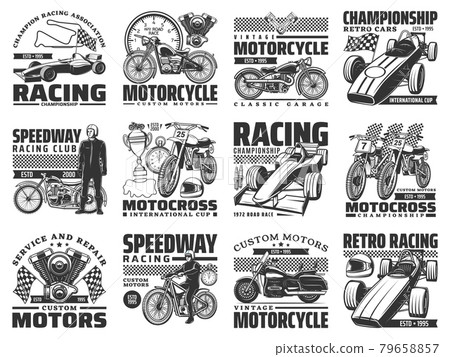 Motor sport racing engraved vector icons set 79658857