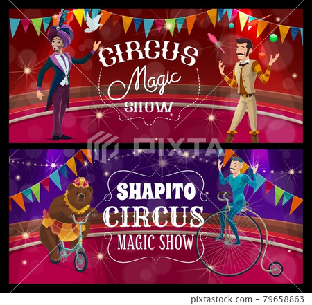 Shapito circus stage, acrobat, juggler and bear - Stock Illustration ...