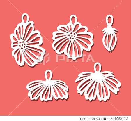 Set of pendants with flowers. Decorative hanging decorations with flower buds, chamomile petals for jewelry or home decor. Template for plotter laser cutting of paper, metal engraving, wood carving. Set of pendants with flowers. Decorative hanging decorations with flower buds, chamomile petals for jewelry or home decor. Template for plotter laser cutting of paper, metal engraving, wood carving. 79659042
