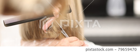 Hairdresser holds comb and scissors in his hands and cuts client's hair Hairdresser holds comb and scissors in his hands and cuts client's hair 79659470