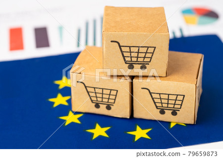 Box with shopping cart logo and EU flag, Import Export Shopping online or eCommerce finance delivery service store product shipping, trade, supplier concept. 79659873