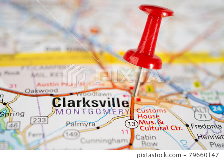 Bangkok, Thailand, June 1, 2020 Clarksville, Montgomery County, Tennessee, road map with red pushpin, city in the United States of America USA. Bangkok, Thailand, June 1, 2020 Clarksville, Montgomery County, Tennessee, road map with red pushpin, city in the United States of America USA. 79660147