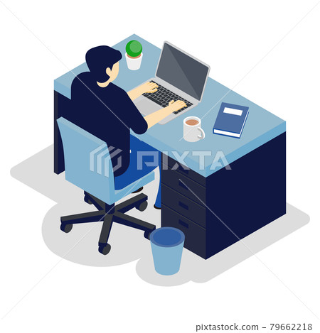 Remote work Male isometric telework illustration working from home on a laptop Remote work Male isometric telework illustration working from home on a laptop 79662218