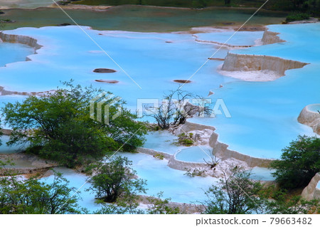 Bright blue water of Gosai Pond in Huanglong Scenic Area, a World Natural Heritage Site, Songpan County, Aba Tibetan and Chang Autonomous Prefecture, Sichuan Province, China 79663482
