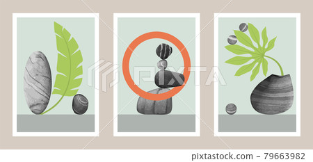 Natural abstract botanical art set with stones Natural abstract botanical art set with stones 79663982