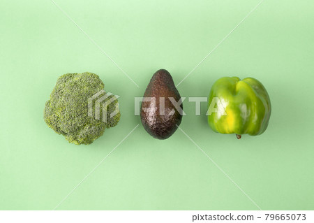 Composition with fresh fruits and vegetables on color background. Copy space, flat lay 79665073