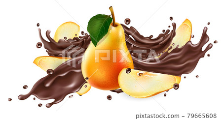 Splash of liquid chocolate and fresh pears. 79665608