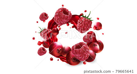 Cranberries and raspberries in a splash of red fruit juice. Cranberries and raspberries in a splash of red fruit juice. 79665641