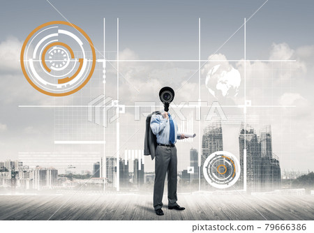Concept of security and privacy protection with camera headed man Concept of security and privacy protection with camera headed man 79666386
