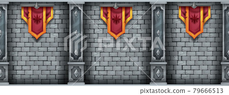Ancient stone wall seamless background, cracked brick castle interior illustration, marble pillars 79666513