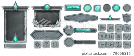 Stone UI game button set, rock vector frame, gray boulder sign board, green crystal, icon collection Stone UI game button set, rock vector frame, gray boulder sign board, green crystal, icon collection 79666515