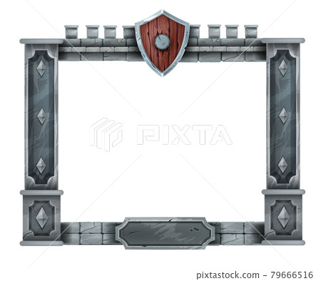 Medieval game stone frame, UI interface vector panel, ancient rock pillars, wooden knight shield. Medieval game stone frame, UI interface vector panel, ancient rock pillars, wooden knight shield. 79666516