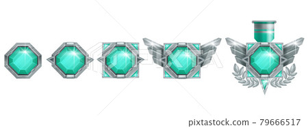 Game winner badge vector icon, rank level medal, silver award, abstract wing, green crystal gemstone 79666517