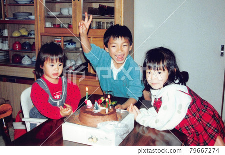 Old film photo: Children of three brothers celebrating their birthday Old film photo: Children of three brothers celebrating their birthday 79667274