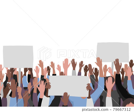 Hands up pattern with banners. Public protest illustration 79667312