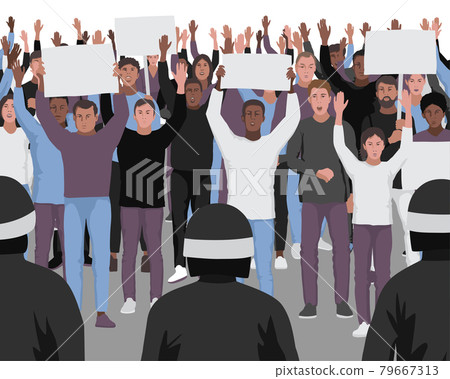 Protesting people with hands up and the police seamless border. Protesting people with hands up and the police seamless border. 79667313