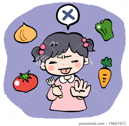 Illustration of a girl who likes and dislikes vegetables 79667971