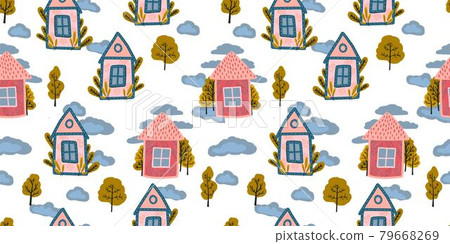 Cute baby pattern for toddlers. Fabulous pink houses on a white background. Hand-drawn style. Simple pattern for textiles and fabrics Cute baby pattern for toddlers. Fabulous pink houses on a white background. Hand-drawn style. Simple pattern for textiles and fabrics 79668269