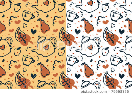 Cute vector seamless pattern with funny teapots, cup, pear, apple, heart shapes. Autumn cartoon style illustration, hand drawn brush ink design in grey, orange rust 79668556