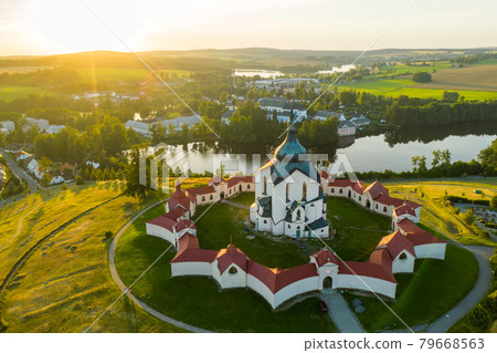 Aerial view of Pilgrimage Church of Saint John of Nepomuk on the Green Hill at sunset. Aerial view of Pilgrimage Church of Saint John of Nepomuk on the Green Hill at sunset. 79668563