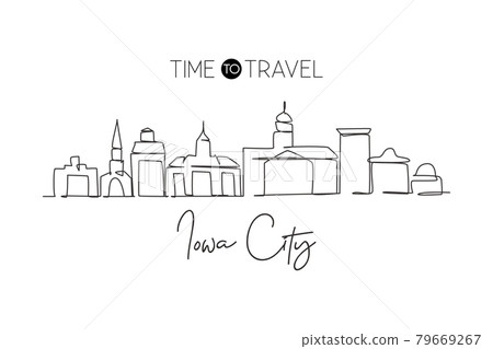 Single continuous line drawing Iowa City skyline. Famous city scraper landscape in United States. World travel home wall decor art poster print concept. Modern one line draw design vector illustration Single continuous line drawing Iowa City skyline. Famous city scraper landscape in United States. World travel home wall decor art poster print concept. Modern one line draw design vector illustration 79669267