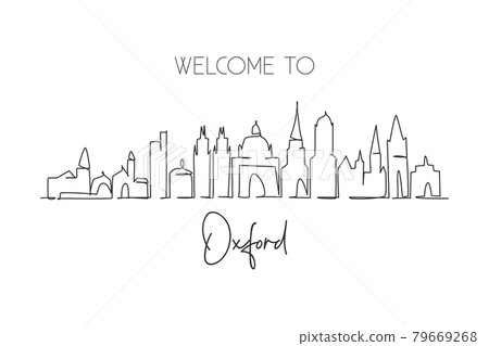 Single continuous line drawing Oxford skyline, England. Famous city scraper landscape gallery. World travel home wall decor art poster print concept. Modern one line draw design vector illustration Single continuous line drawing Oxford skyline, England. Famous city scraper landscape gallery. World travel home wall decor art poster print concept. Modern one line draw design vector illustration 79669268