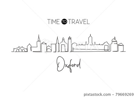 Single one line drawing Oxford city skyline, England. World historical town landscape. Best holiday destination postcard print. Editable stroke trendy continuous line draw design vector illustration 79669269