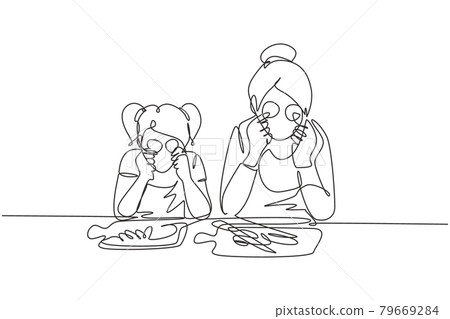 Continuous one line drawing cute little girl and her beautiful mom are holding slices of cucumber and smiling while cooking in kitchen at home. Single line draw design vector graphic illustration Continuous one line drawing cute little girl and her beautiful mom are holding slices of cucumber and smiling while cooking in kitchen at home. Single line draw design vector graphic illustration 79669284