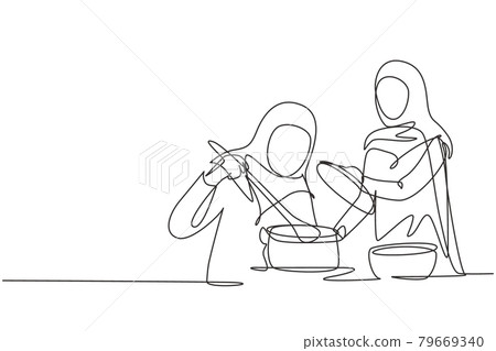 Continuous one line drawing two Arabian woman enjoying smell of cooking from pot. Prepare food at cozy kitchen. Cooking at home. Healthy food. Single line draw design vector graphic illustration Continuous one line drawing two Arabian woman enjoying smell of cooking from pot. Prepare food at cozy kitchen. Cooking at home. Healthy food. Single line draw design vector graphic illustration 79669340