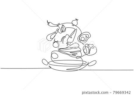 Single continuous line drawing pot is sprinkled with food ingredients such as vegetables, meat, onions, carrots, salt, pepper, and other spices. One line draw graphic design vector illustration Single continuous line drawing pot is sprinkled with food ingredients such as vegetables, meat, onions, carrots, salt, pepper, and other spices. One line draw graphic design vector illustration 79669342