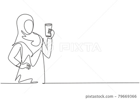 Single one line drawing portrait of happy young Arabian female holding glass of orange juice. Make her refreshing in summer season. Modern continuous line draw design graphic vector illustration 79669366
