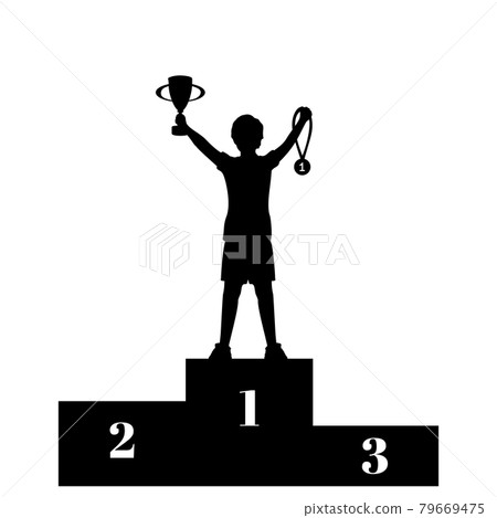 Silhouette boy winner of competition with cup and medal on the pedestal. Victory celebration. 79669475