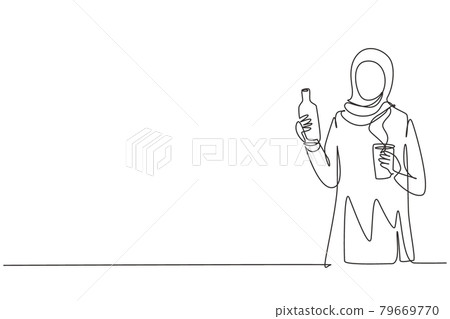 Continuous one line drawing young Arabian woman holding bottle in one hand and glass of orange juice in the other while having breakfast at home. Single line draw design vector graphic illustration Continuous one line drawing young Arabian woman holding bottle in one hand and glass of orange juice in the other while having breakfast at home. Single line draw design vector graphic illustration 79669770
