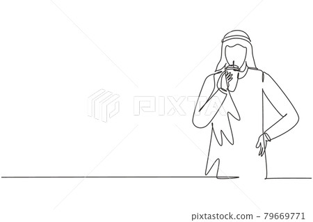 Continuous one line drawing portrait of young Arabian handsome male drinking orange juice from plastic cup. Make him refreshing in summer season. Single line draw design vector graphic illustration 79669771