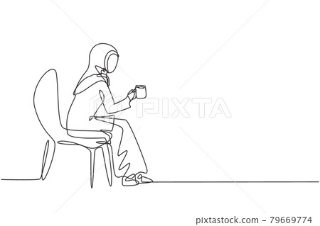 Single continuous line drawing young Arabian girl sitting in modern chair, enjoying coffee in front of window at cozy home, side view concept. Dynamic one line draw graphic design vector illustration 79669774